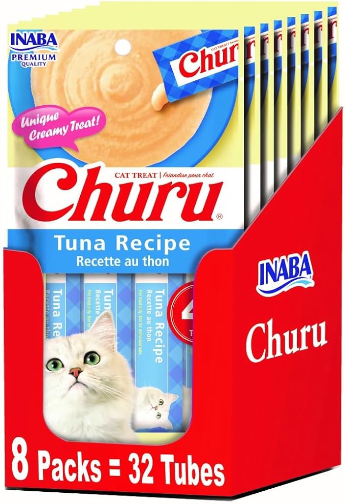 INABA Churu Lickable Purée Natural Cat Treats - Tuna Recipe (4 Servings per Package, 8 Packages) (32 Tubes)