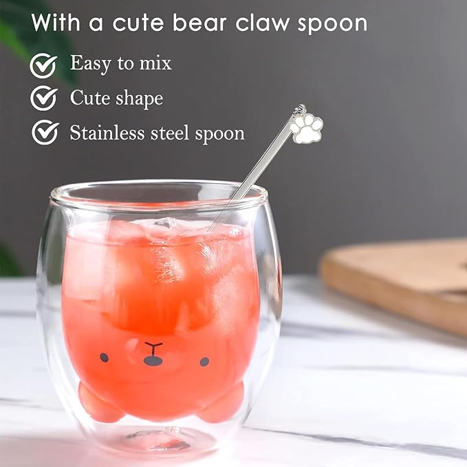 Bear Cute Mugs Kawaii Double Wall Glass Coffee Tea Mill Yogurt Cup Funny Novelty Gift for Women Her Friends Office Birthday Christmas