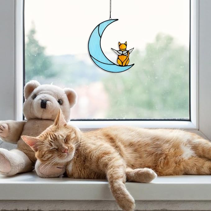 BOXCASA Angel Cat on Moon Memorial Gifts,Orange Cat Stained Glass Window Hangings,Rainbow Bridge Pet Memorial Gifts for Women,Loss of Pet Sympathy Gift for Women Mom