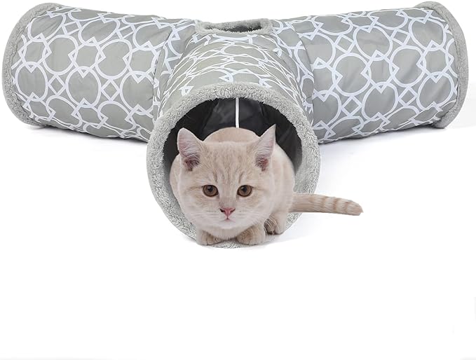 LUCKITTY Geometric 3 Way Cat Tunnel with Plush Inside,Cats Toys Collapsible Tunnel Tube with Balls, for Rabbits, Kittens, Ferrets,Puppy and Dogs