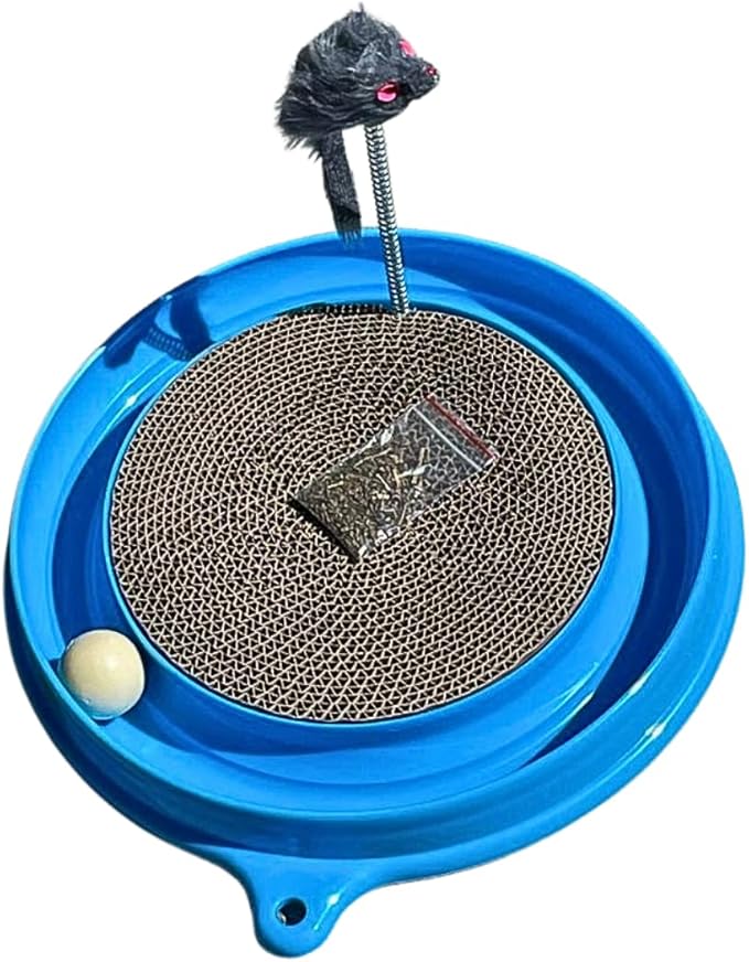 Round Cat Scratcher with Ball, Cat Toys Scratching Pad for Indoor Play Physical Interactive Cat Scratchers Toy for Kitten with Spring & Ball Perfect for Mental & Physical Exercise Cat Ball Track, Blue