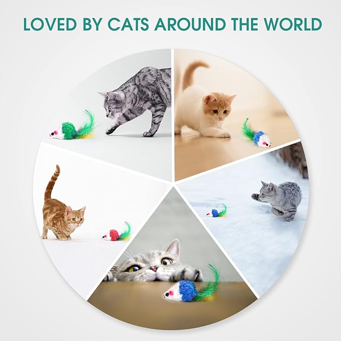 FYNIGO Cat Mouse Toys,17 PCS Cat Toy Mice Rattle Set,Interactive Cat Toy for Indoor Cats and Kittens,Assorted Color Catnip Toys with Feather Tail