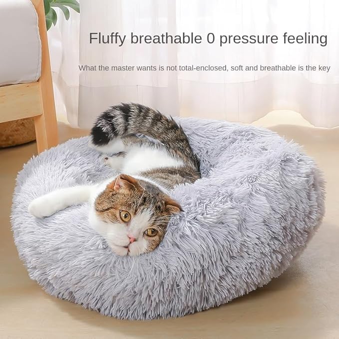 Cat Beds for Indoor Cats - Cat Bed Washable 20/24 inches, Dog Beds for Small Medium Dogs, Anti Anxiety Round Fluffy Plush Faux Fur Cat Bed, Thick Bottom (Light Grey, Medium)
