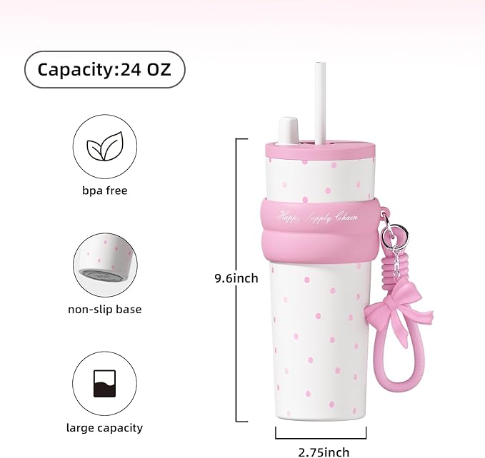 24 oz Cute Portable Iced Coffee Travel Tumbler with Straw For Women, Sidagar Water Bottle for Hot and Cold Coffee Mug, Reusable Portable Water Bottle, Metal Thermal Cup Leak Proof, Pink Dot