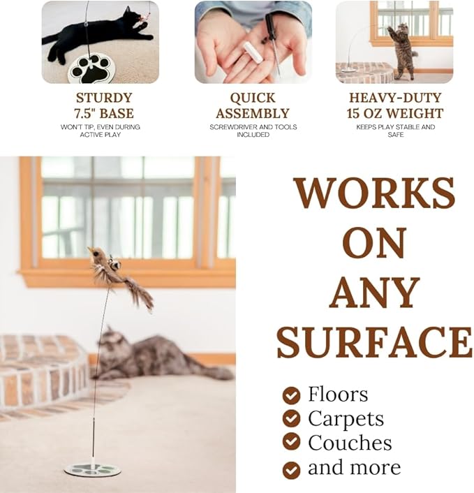 Cat Toys For Bored Indoor Adult Cats Any Surface Base Cat Wand Toy Cat For Stimulation Toys For Indoor Cats Cat Feather Toy Cat Feather Wand Cat Toy Wand Juguetes Para Gatos Activos Juegos Para Gatos