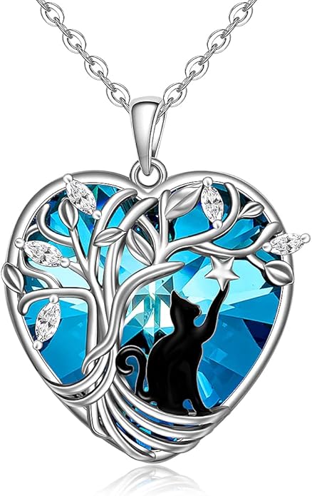 Black Cat Necklace for Women Sterling Silver Tree of Life Crystal Cat Pendant Necklace Heart Cats Jewelry Charms Friendship Memorial Valentines Christmas Gifts