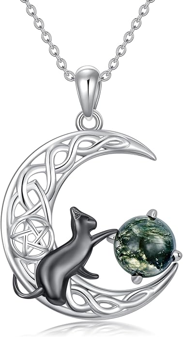 Black Cat/Dragon/Fox/Wolf Necklace 925 Sterling Silver Celtic Moon Pentagram Pendant Gothic Jewelry Goth Halloween Gifts for Women