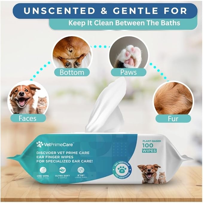 Pet Grooming Wipes for Dogs & Cats, 8” x 8” Plant-Based, Wipes for Cleaning & Deodorizing, Suitable for Pets Body Like Face, Paws, Belly, and Butt, Unscented - 100 Count