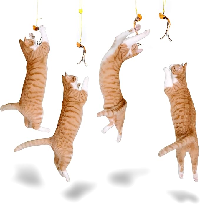 Door Hanging Cat Toy,Cat Toy for Indoor Cats,Cat Wand Toy Refill, Interactive Bird Simulation Cat Toy Set, Feather Cat Toys Bird, Cat Toy Wand Replacement Attachments,Cat String Toy(4 Bird)