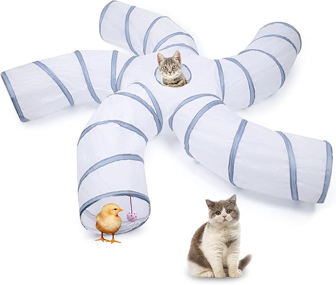 EGETOTA Cat Tunnel for Indoor Cats Large, with Play Ball S-Shape 5 Way Collapsible Interactive Peek Hole Pet Tube Toys, Puppy, Kitty, Kitten, Rabbit (White & Grey)
