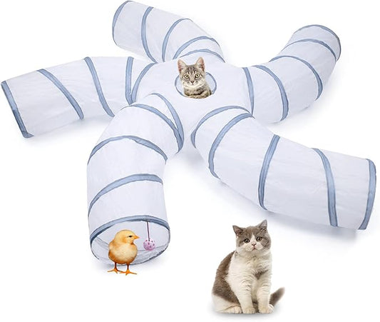 EGETOTA Cat Tunnel for Indoor Cats Large, with Play Ball S-Shape 5 Way Collapsible Interactive Peek Hole Pet Tube Toys, Puppy, Kitty, Kitten, Rabbit (White & Grey)