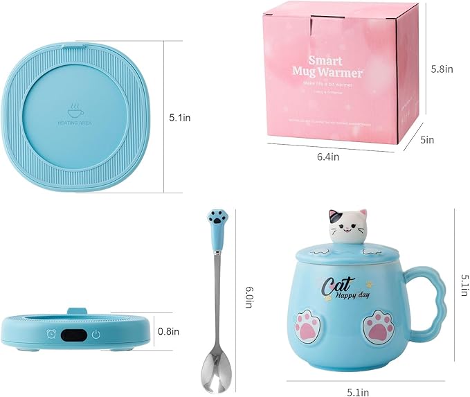 Bsigo Coffee Mug Warmer & Cute Cat Mug Set, Beverage Cup Warmer for Desk Home Office, Coffee Warmer for Cocoa Milk Tea Water, Candle Warmer with Three Temperature Up to 149℉/ 65℃, 8 Hour Auto Shut Off
