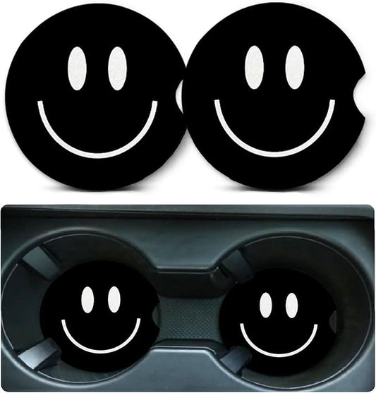 Car Coasters for Cup Holders,2 Pack Smiley Face Car Coasters,2.75" Universal Size Anti Slip Rubber Mat,Automotive Cup Holder Decal Decor Accessories,Smiley Face Gifts for Women,Men,Mom
