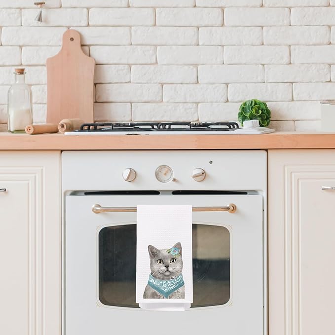 Grey Cat Kitchen Towels, Teal Bandana Grey Cat Dish Towels for Kitchen, Cat Hand Towels for Bathroom Kitchen, Grey Cat Gifts, Cat Gifts for Cat Lovers Women, Cat Kitchen Bathroom Decor, 16x24 Inches