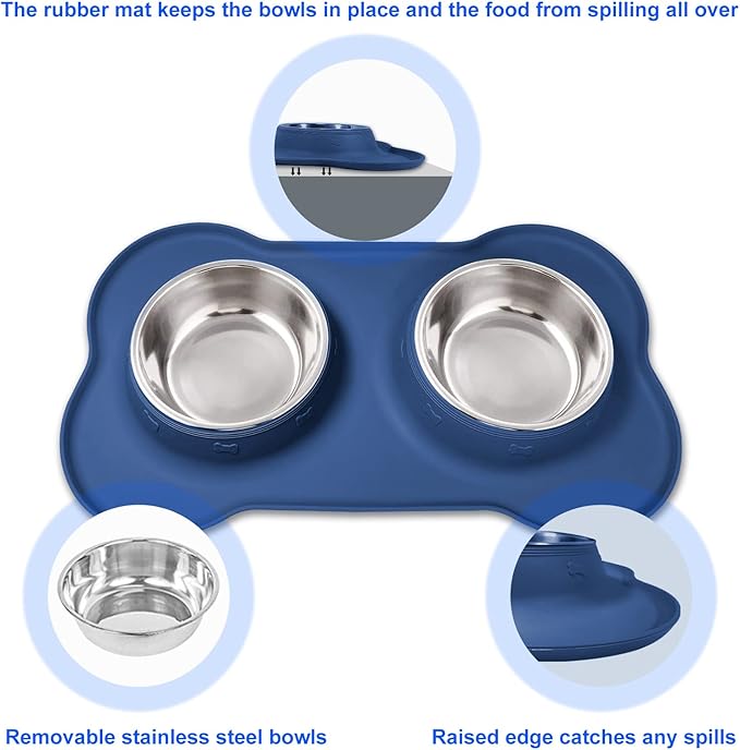 AsFrost Dog Food Bowls Stainless Steel Dog Food and Water Bowl Set, Dog Bowls No Spill Non Slip Silicone Mat, Dog Dishes for Small Medium Size Dogs Cat Puppy Pet Food Feeding Bowls, Blue, 12oz