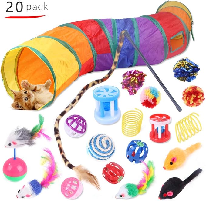 Cat Toys Set, Kitten Toy for Cat, Cat Tunnels for Indoor Cats, Cat Toy for Indoor Cats,Cat Interactive Toys with Crinkle Ball, Jingle Bells, Spring Toy, Mouse Toys for Cats Kitty (20pcs)