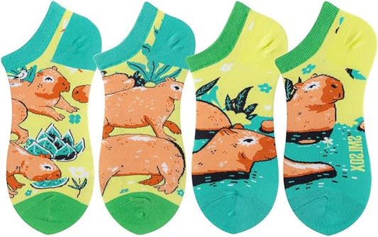 2 Pairs Funny Cartoon Animal Print Cotton Ankle Socks for Women Teens