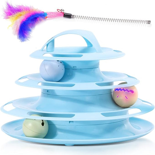 Nobleza Interactive Cat Toys for Indoor Cats, 4 Level Turntable Kitten Toy Ball Track with Catnip Flash Balls & Funny Cat Stick Toy, Cat Roller Toy for Stimulating Kitty Senses & Hunting Instincts