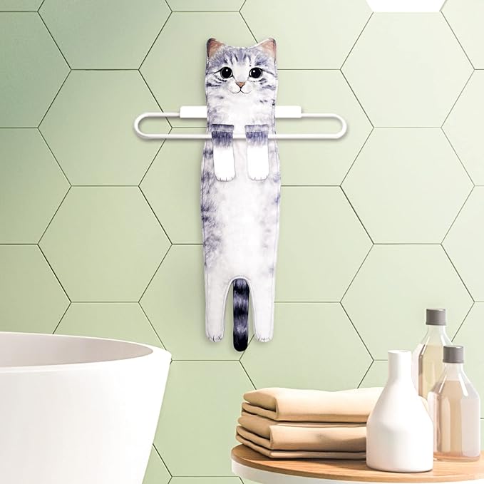 Hand Towels for Bathroom Kitchen,Cute Cat Quick-Dry Hanging Hand Towels Decorative for Bathroom Face Towels,Funny Gifts for Cat Lovers (Grey)