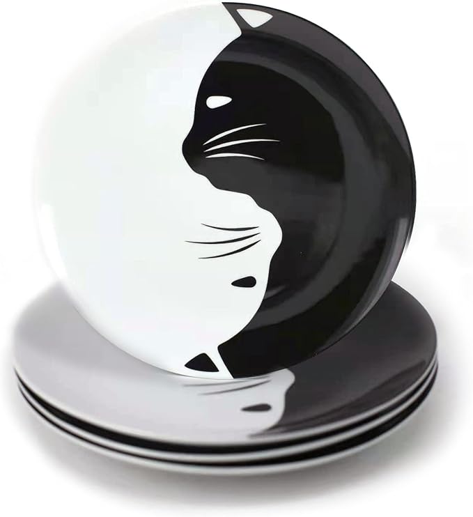 Black and White Cat Porcelain Plate Set, Best Gift For Cat Lover (8-inch salad plate set)