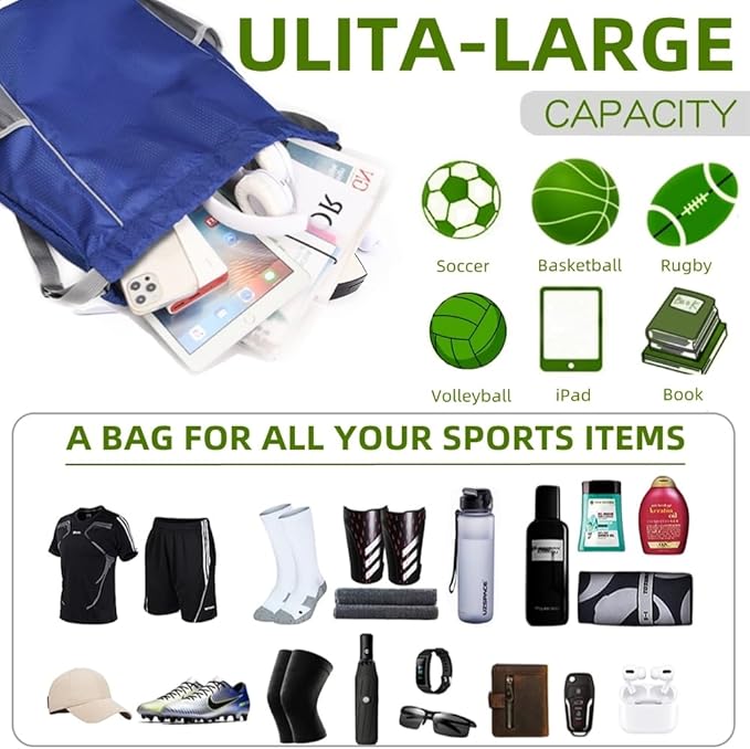 BLIRITEL Drawstring Backpack Sports Gym Bag, Soccer Backpack, Waterproof Soccer Bag for Men Women, String Basketball Bag Football Volleyball Backpack (Navy Blue)