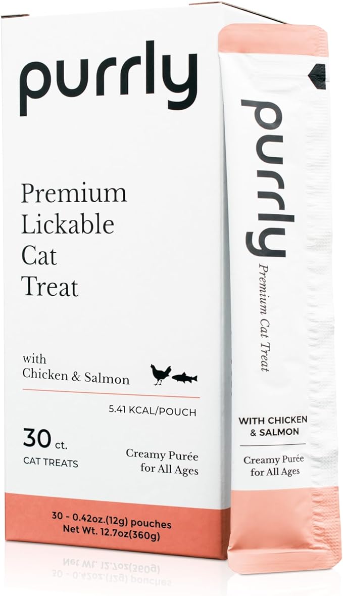Purrly Hydrating Wet Cat Treat Snack Topper Creamy Purée Human-Grade Chicken Breast & Salmon with Omega-3 & 6 for Skin & Coat (30 Count) Healthy Lickable Squeeze Soft Snack
