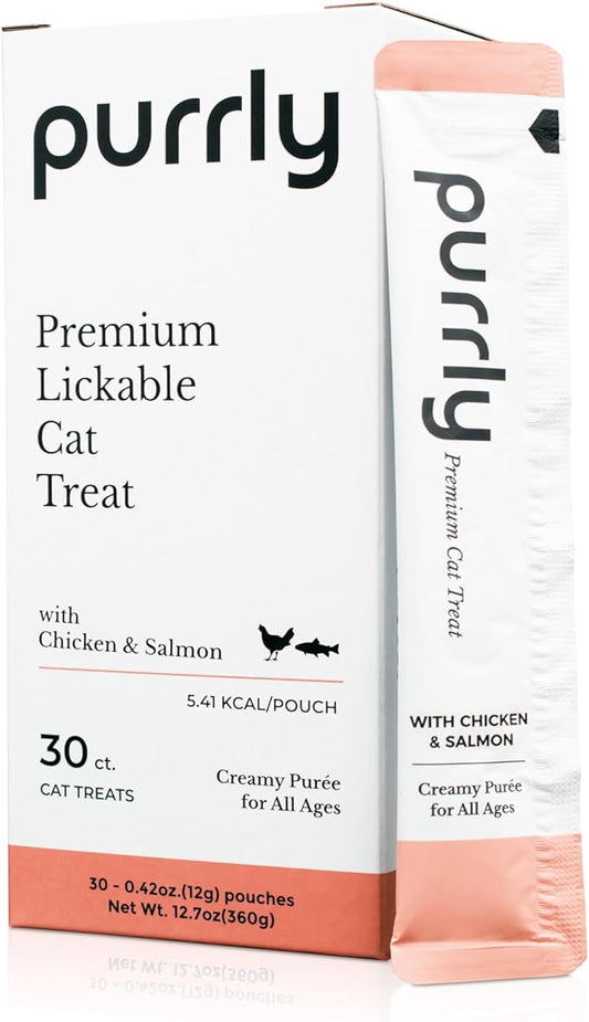Purrly Hydrating Wet Cat Treat Snack Topper Creamy Purée Human-Grade Chicken Breast & Salmon with Omega-3 & 6 for Skin & Coat (30 Count) Healthy Lickable Squeeze Soft Snack