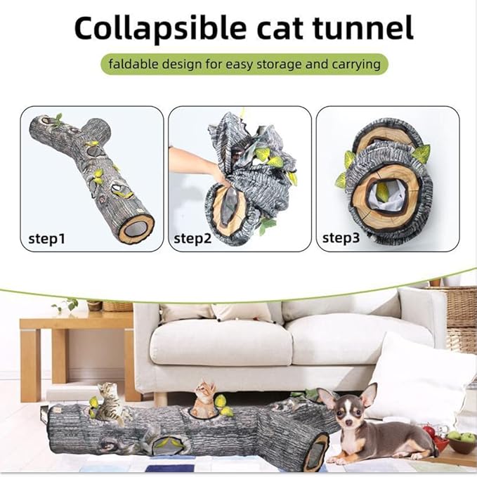 Cat Tunnels Collapsible Pet Tube - Interactive Tree Trunk Cat Activity Play Tunnels with Peek Holes Plush Bell Toys, Pets Puzzle Hunt Chase Training Center for Kitten, Ferret, Small Animals