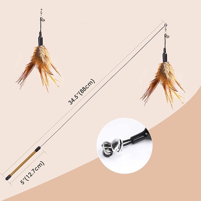 Pawaboo Feather Teaser Cat Toy, Interactive Feather Wand Cat Toy Flying Feather Cat Catcher with Extra Long 34.5" Wand and Small Bell, Fun Exerciser Playing Toy for Kitten or cat, Brown Feather