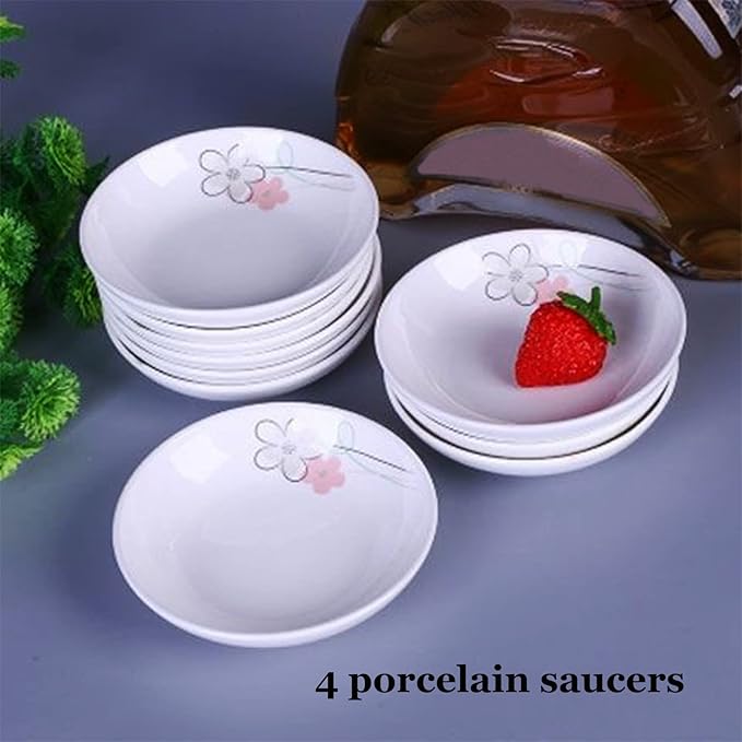 4 Pack Saucer Dishes with Pink Flower Pattern, Ceramic Dipping Bowls, 4 Inch Side Dishes Sauce Dishes for Sushi Snack, Porcelain Seasoning Dishes Appetizer Plates, Snack Serving Dishes
