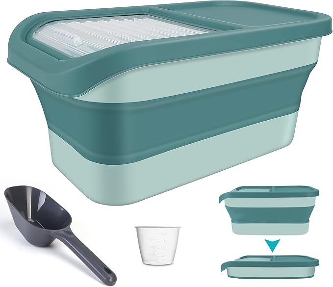 Pet Food Storage Containers, Collapsible Dog Food Container with Sliding Lid,13lb Cat Food Storage with Measuring Cup & Scoop, Plastic Dog Food Bin（green）