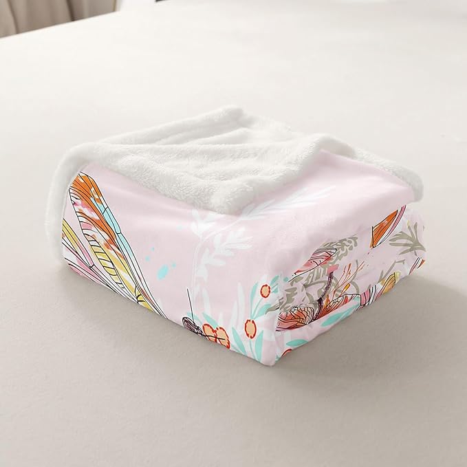 Feelyou Dragonfly Sherpa Blanket Queen 90x90 Inches Botanical Floral Fleece Throw Blanket for Kids Girls Teens Women Bedroom Decor Nature Animals Branches for Sofa Bed Couch Pink