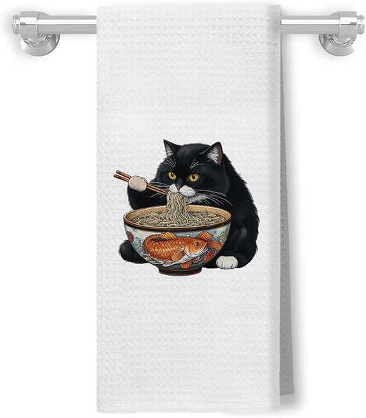 Black Cat Kitchen Hand Towels Bathroom Decor, Funny Japanese Noodle Cat Dish Towels Tea Towels for Kitchen,16x24 Inch