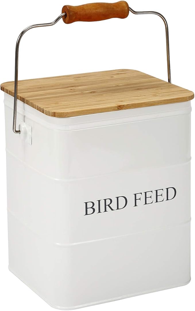 Bird Seeds storage container, Metal food tin for Birds, pet snacks Canisters with wooden lid/handle/sevice scoop,hold 5-6 lbs