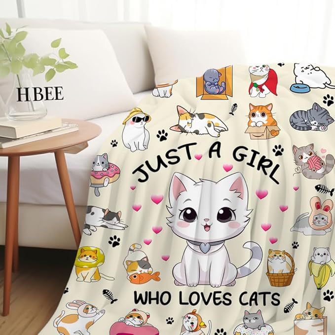 Cat Blanket Soft Cozy Warmth Flannel Cats Throw Blankets Just A Girl Who Loves Cats Blankets Bedding Decor for Cat Lover Girls Women Adults Gifts 80"x60"