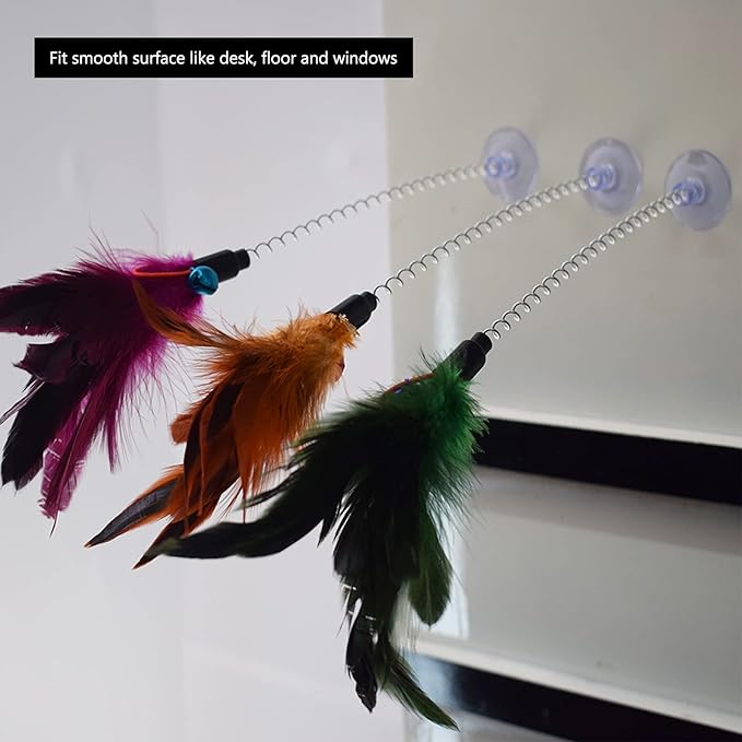 IUHKBH Cat Feather Wands, 6 PCS Spring Cat Wands with Bell Sucker Interactive Cat Teaser Wands for Cat and Kitten