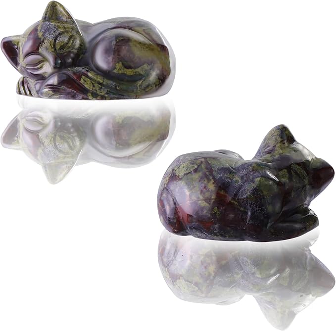 2" Sleeping Cat Statue Dragon Blood Healing Crystals Hand Carved Cute Kitten Figurine, Worry Stone for Anxiety Relif Home Desk Decor Animal Figurine