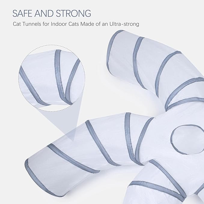 EGETOTA Cat Tunnel for Indoor Cats Large, with Play Ball S-Shape 5 Way Collapsible Interactive Peek Hole Pet Tube Toys, Puppy, Kitty, Kitten, Rabbit (White & Grey)