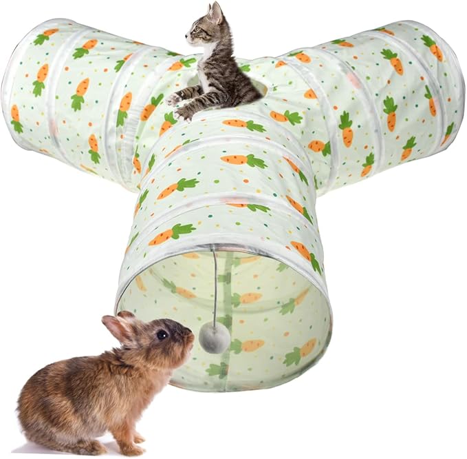 Vehomy Bunny Rabbit Tunnels Rabbit Cat 3 Way Collapsible Tunnel with Cute Carrot Patterns Small Pet Hideout Activity Tunnel Tube Toy for Bunny Kitten Cat Dwarf Guinea Pig Y Shape