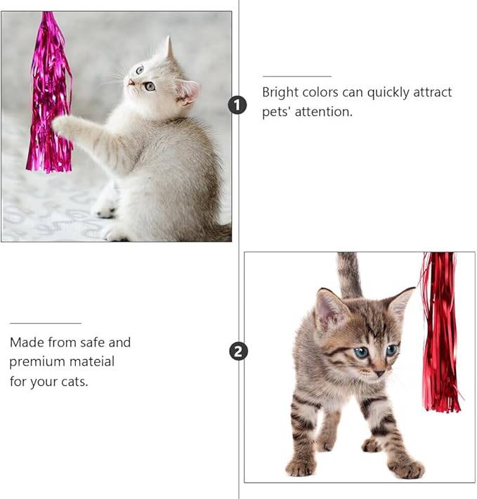 LUOZZY 16 Pcs Cat Teaser Wand Metallic Foil Tassel Cat Wand Toy Replacement with Bell Interactive Catcher Teaser for Pet, Random Color