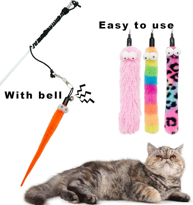 Cat Worm Toy Cat Wand Replacement, 8 PCS Worms Cat Toy Assorted, Cat Wand Attachments Teaser Worm for Cat Toys