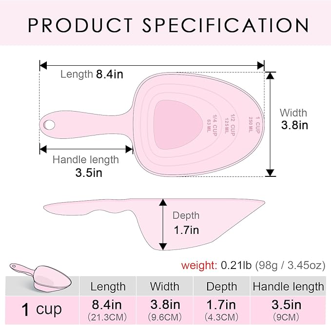 Melamine Pet Food Measuring Scoop, 1 Cup 1/2 Cup 1/4 Cup with Clear Measurement Lines for Dog, Cat, Bird, and Rabbit, Durable, Ergonomic Handle, Dishwasher safe-Pink