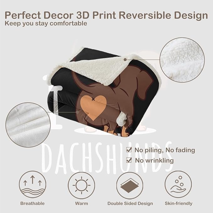 Sleepwish Dachshund Lovers Sherpa Blanket Cute Dachshund Animal Fleece Reversible Blanket Wiener Sausage Dog 3D Printed Reversible Bed or Couch Throw for Kids Teens Boys Queen (90'' X 90'')Adult