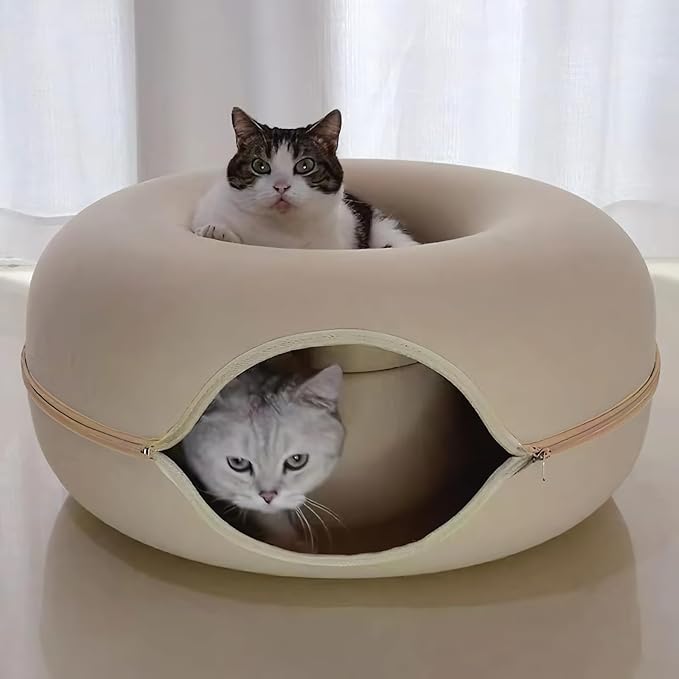 Donut Cat Tunnel Bed Peekaboo Cat Cave for Large Cats Up to 30 Lbs, Kitty Interactive Playing Tent House for Multiple Cats,Detachable,Scratch Resistant (Beige, Medium - 20 Inch Diameter)
