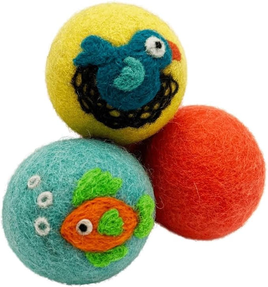 Hustle & Blush Wool Felt Balls 3 Pack Love Ewe Pet Supplies - 2in Felted Wool Cat Toys 100% New Zealand Wool Felt Cat Toys Handmade Wool Felt Balls, Colorful Wool Balls for Cats - Fish and Bird
