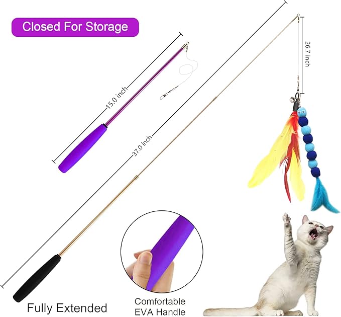 Cat Toys, 2PCS Retractable Cat Feather Toys, 10PCS Replacement Teaser Refill, 1PC Rainbow Ribbon Wand Interactive Kitten Toys for Indoor Cat Make Exercise