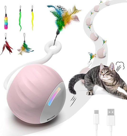 Turbo Tail Cat Toy Interactive Cat Balls Cat Toys For Indoor Cats, Turbo Tail Mouse Cat Toy With LED Rainbow Lights Feathers & USB Charging Cable, Touch Control And Sound Control Smart Cat Ball Toy