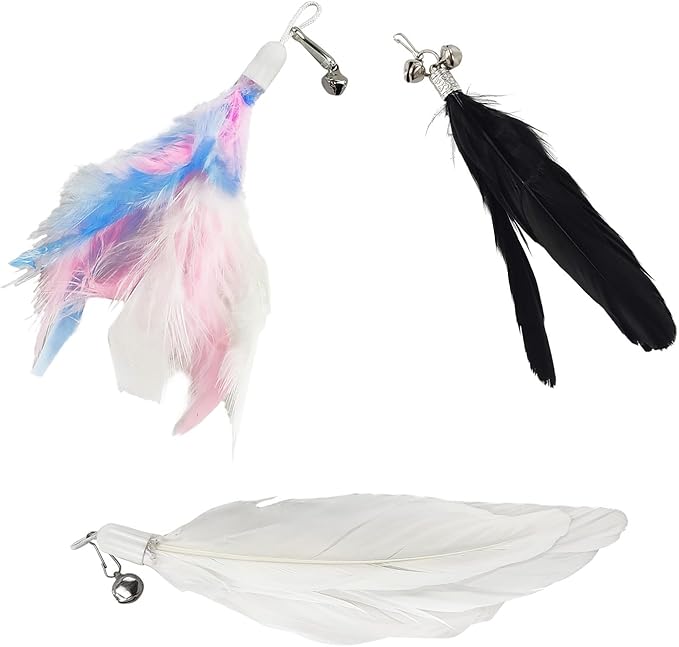 BOROLA 3 PCS Cat Feather Teaser Replacement Heads, Cat Wand Replacement Feathers with Bell, Interactive Cat Toy Attachments for Indoor Cats, DIY Cat Accessories(White, Black, Multi-Colored)