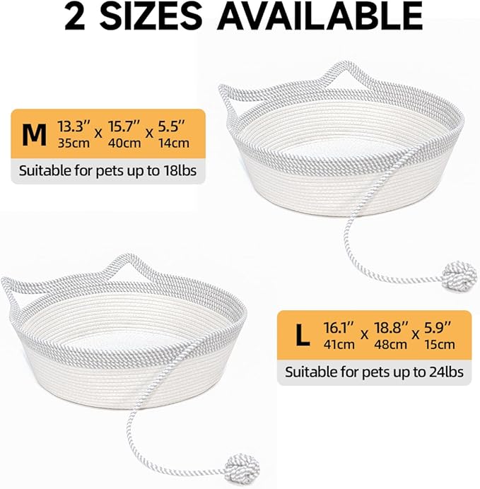 Cat Bed Basket, Hand Woven Cat Bed with Toy Tail, Cotton Rope Cat Bed, Cat Foldable Sleeping Basket, Kitten Shaped House for Cats, Puppies, Rabbits and Small Pets (Medium, Gray & White)