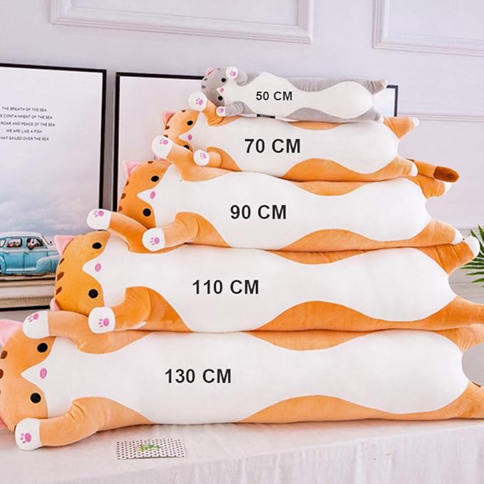 Cute Cat Plush Long Body Pillow Cat Stuffed Animals Plushie Toy Soft Throw Sleeping Cotton Kitten Pillow Gift for Kids Girls (Gray, 28")